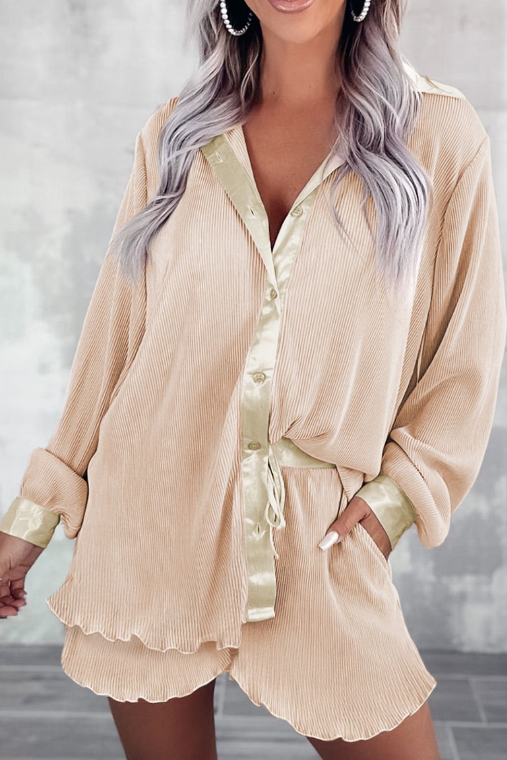 Button Up Long Sleeve Top and Shorts Set - The Daily Makeover