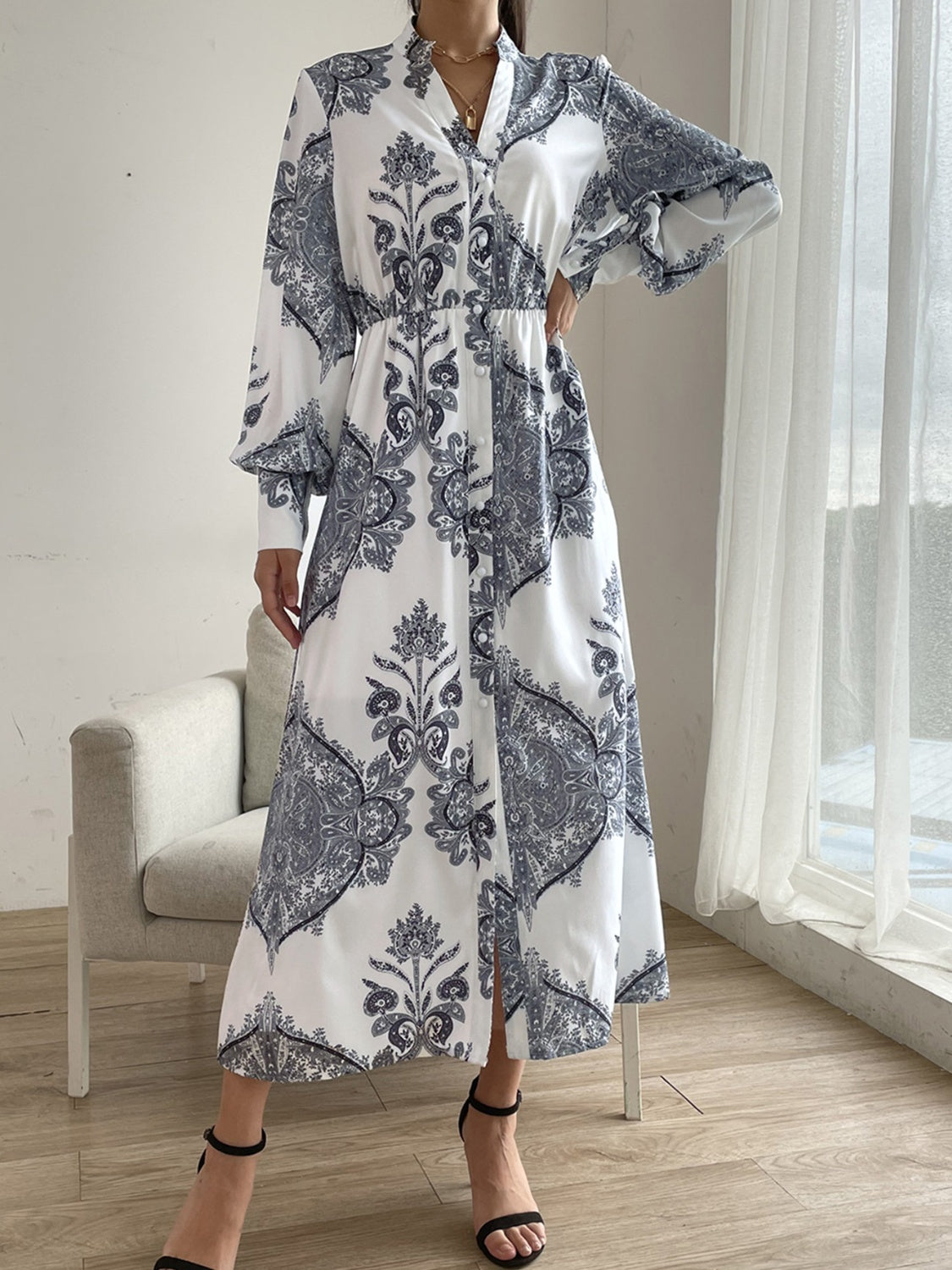 Printed Notched Lantern Sleeve Midi Dress - The Daily Makeover