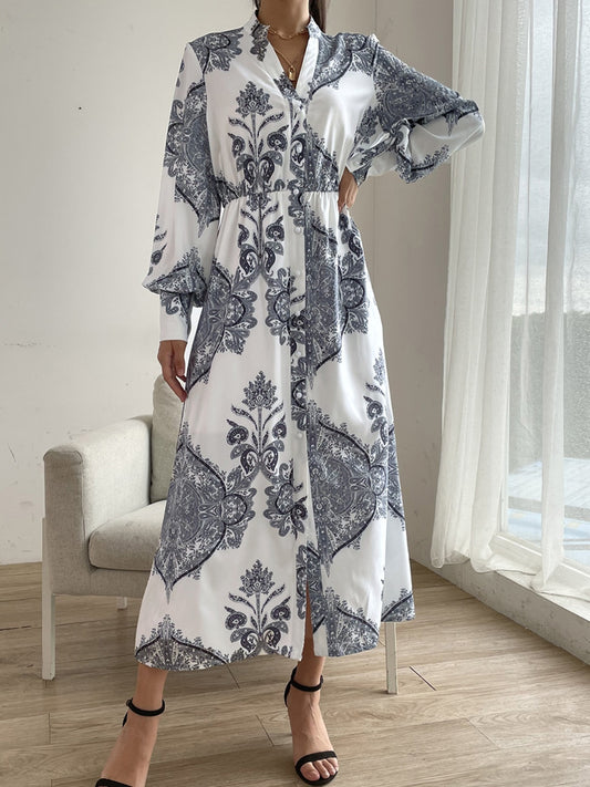 Printed Notched Lantern Sleeve Midi Dress - The Daily Makeover