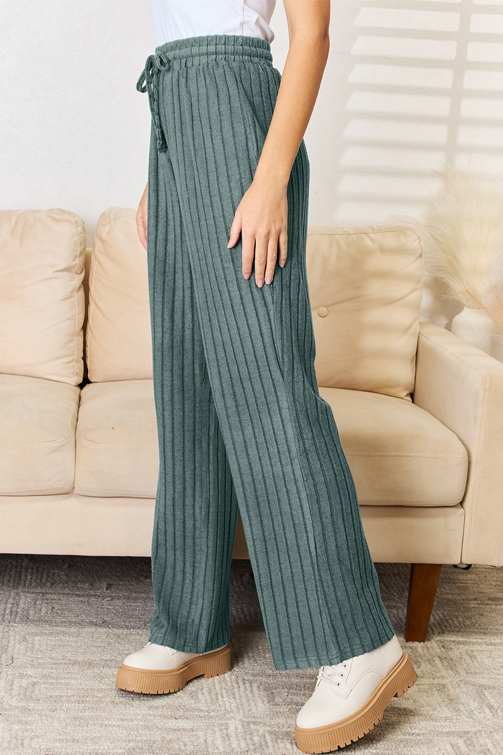 Basic Bae Full Size Ribbed Drawstring Hooded Top and Straight Pants Set - The Daily Makeover
