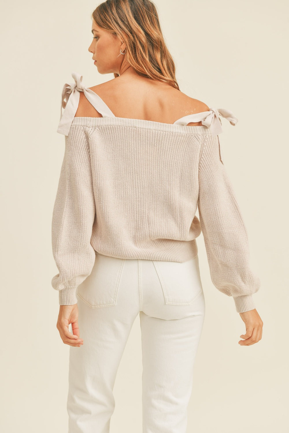 MABLE Off Shoulder Self Tie Strap Button Down Sweater - The Daily Makeover