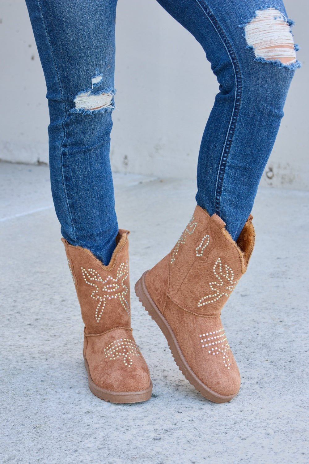 Forever Link Rhinestone Furry Flat Boots - The Daily Makeover