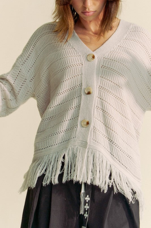 Davi & Dani Fringe V-Neck Button Up Long Sleeve Cardigan - The Daily Makeover