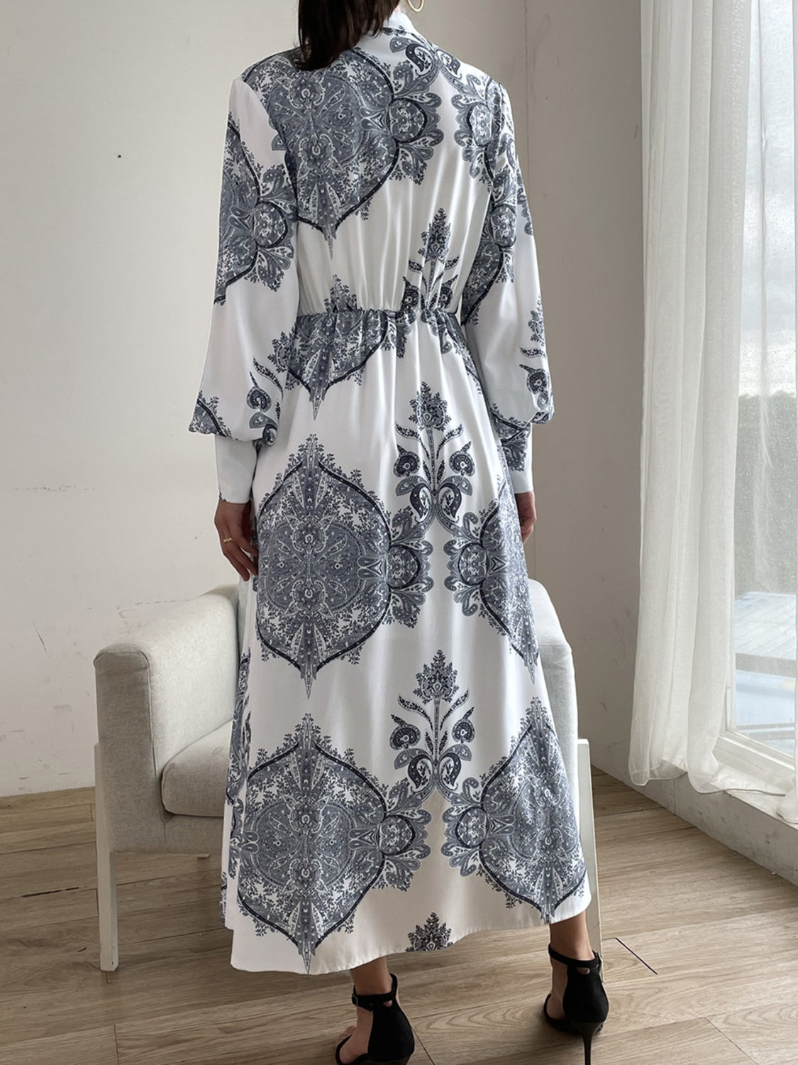 Printed Notched Lantern Sleeve Midi Dress - The Daily Makeover