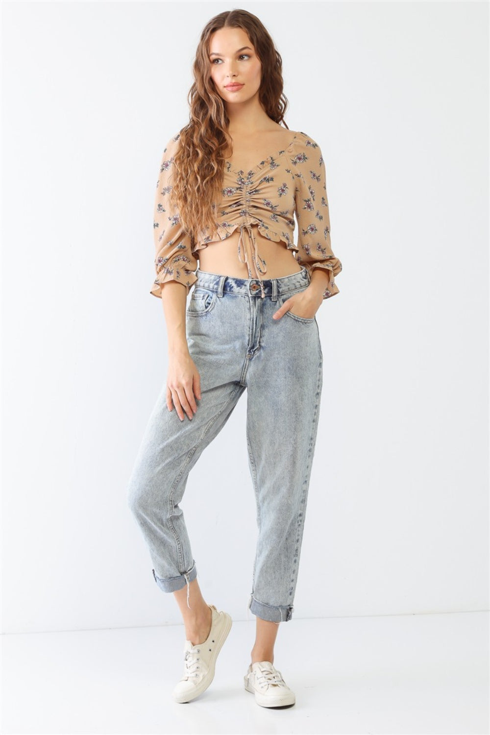 Miss Love / Kevin Co. Floral Ruffle Smocked Back Ruched Crop Top - The Daily Makeover
