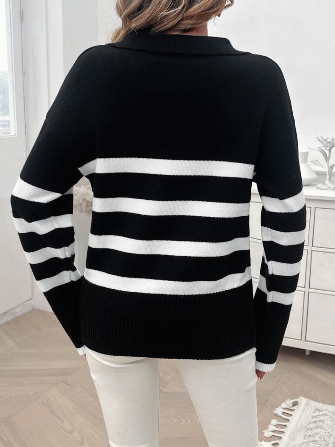 Striped Collared Neck Long Sleeve Sweater - The Daily Makeover