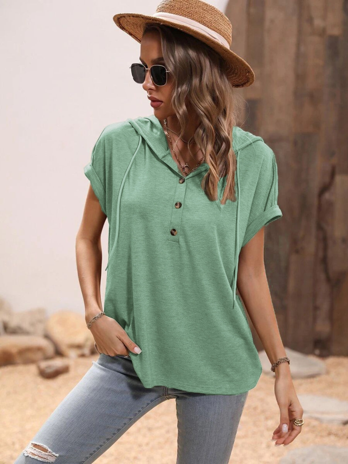 Half Button Hooded Short Sleeve Blouse - The Daily Makeover