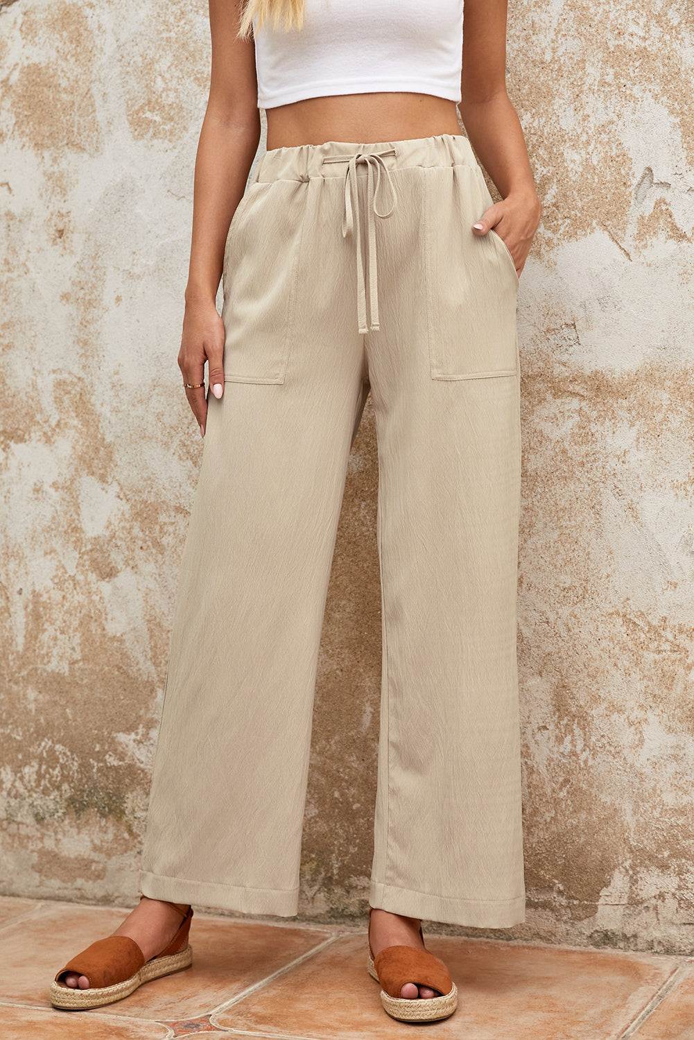 Khaki Drawstring Waist Crinkled Wide Leg Pants - The Daily Makeover