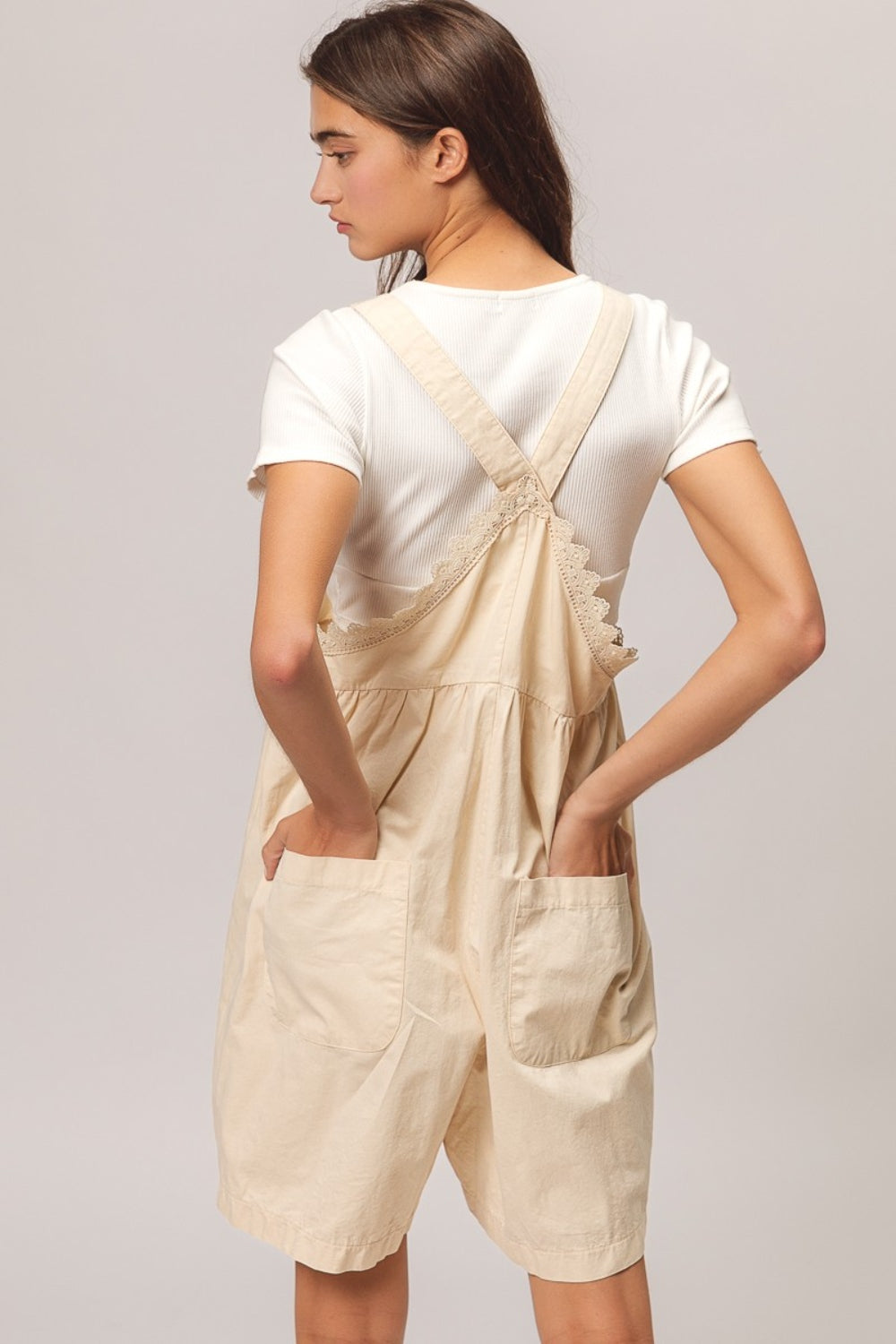 BiBi Back Patch Pocket Lace Trim Rompers - The Daily Makeover