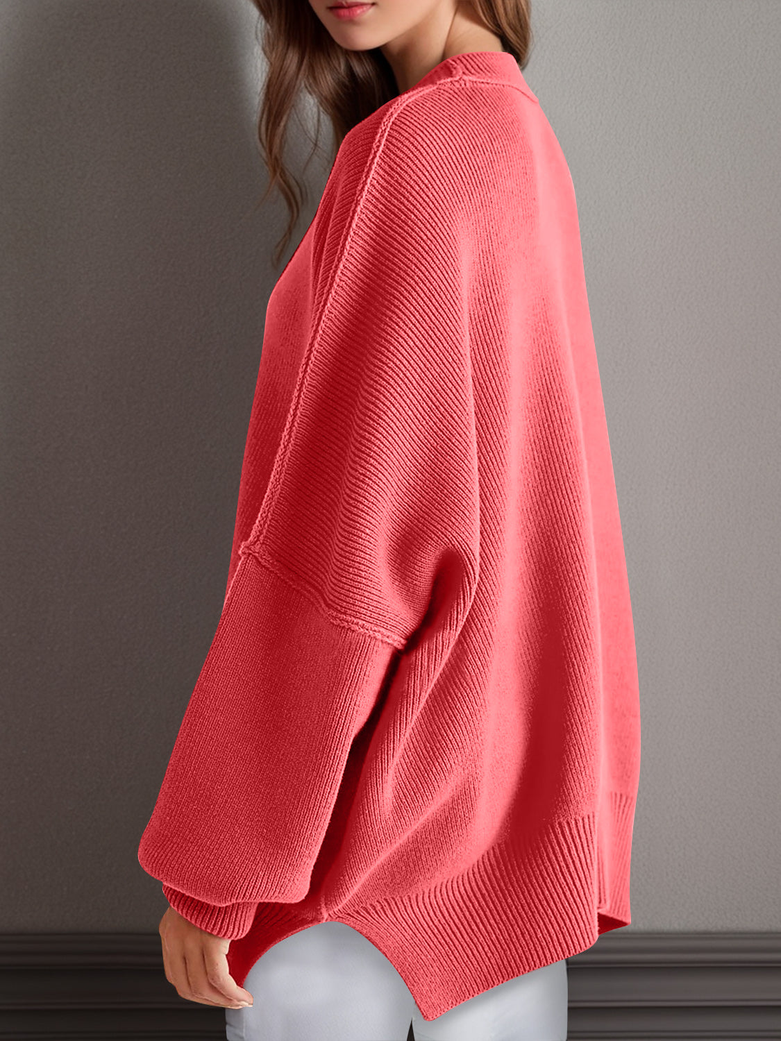 Double Take Side Slit Round Neck Long Sleeve Sweater - The Daily Makeover