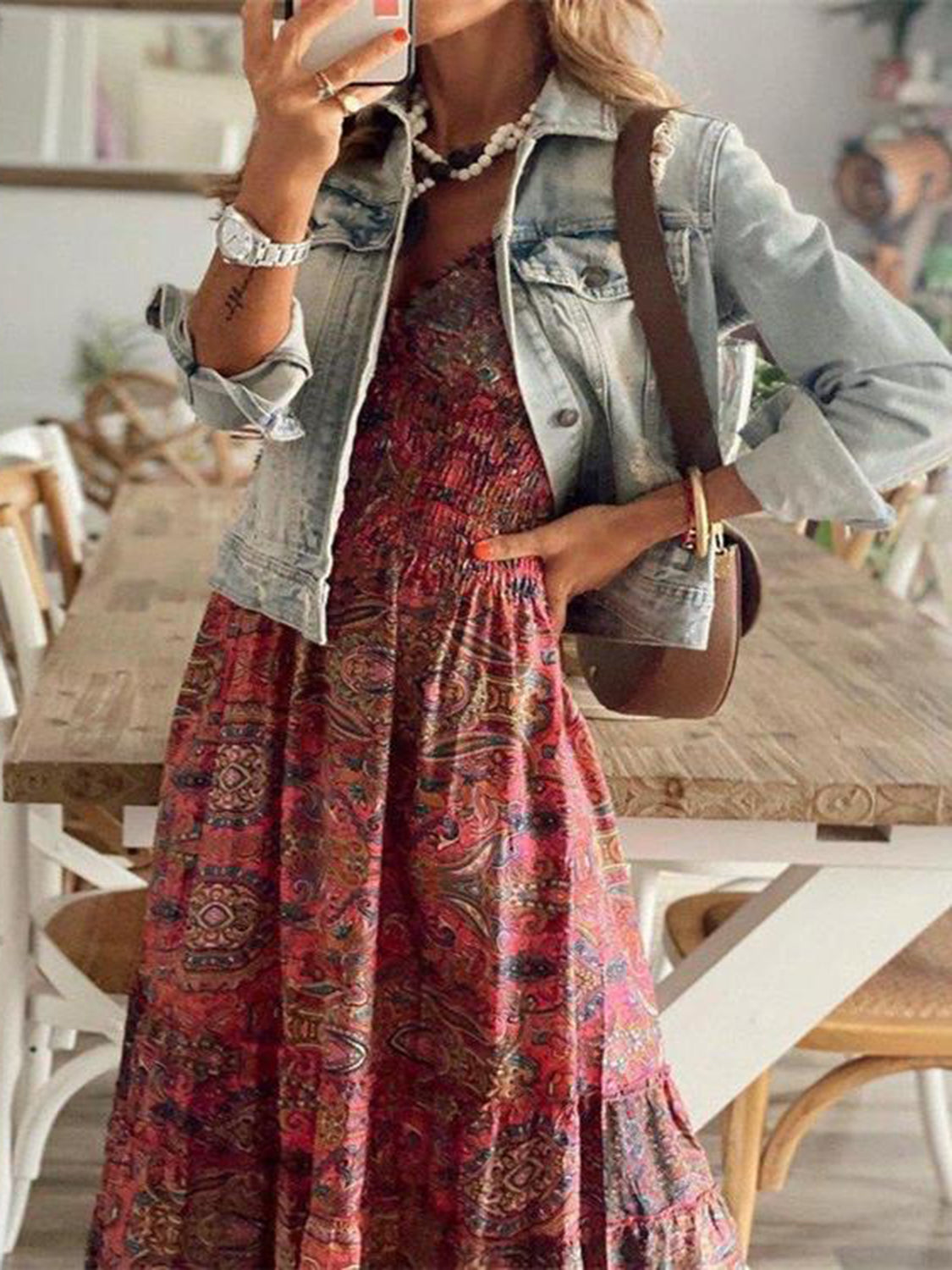 Full Size Smocked Printed V-Neck Short Sleeve Dress - The Daily Makeover