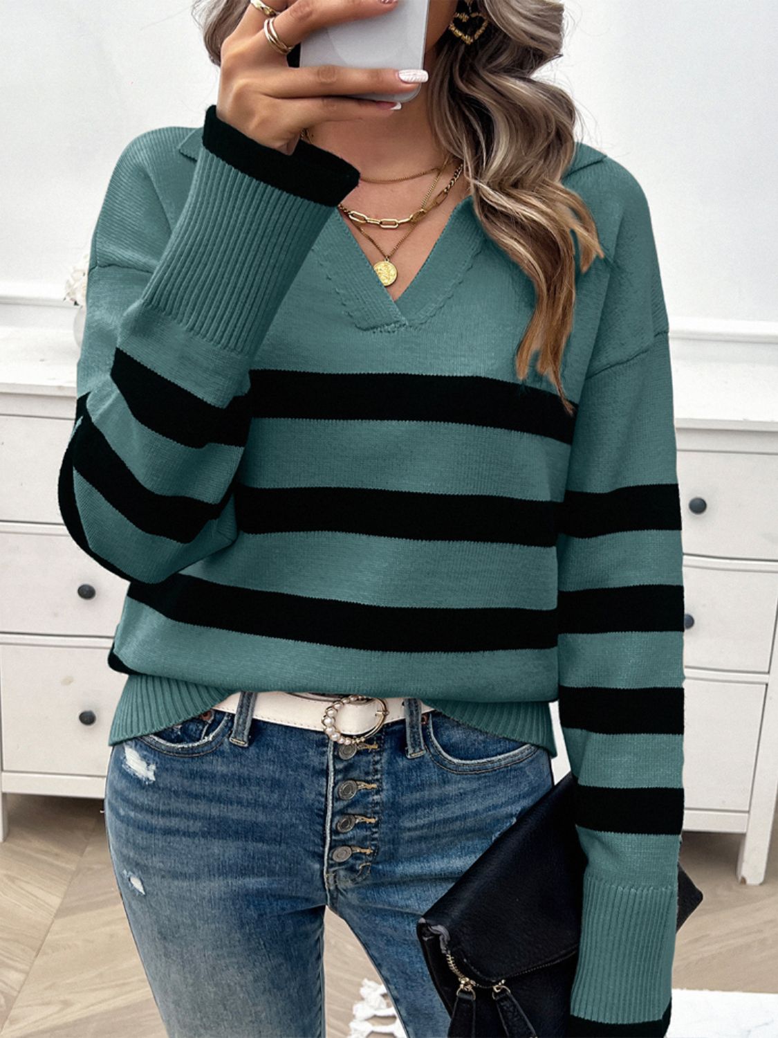 Striped Collared Neck Long Sleeve Sweater - The Daily Makeover