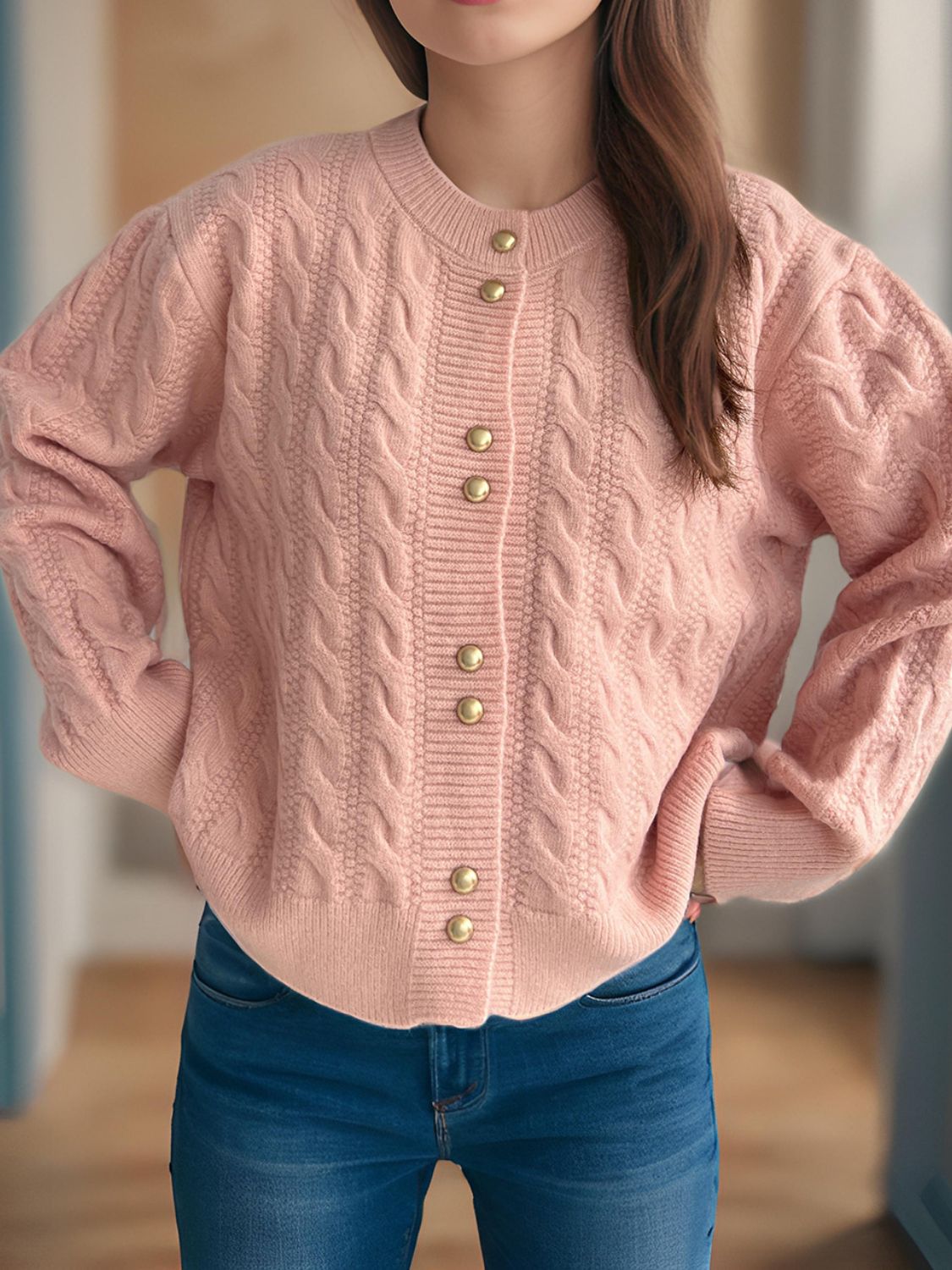 Cable-Knit Round Neck Long Sleeve Cardigan - The Daily Makeover