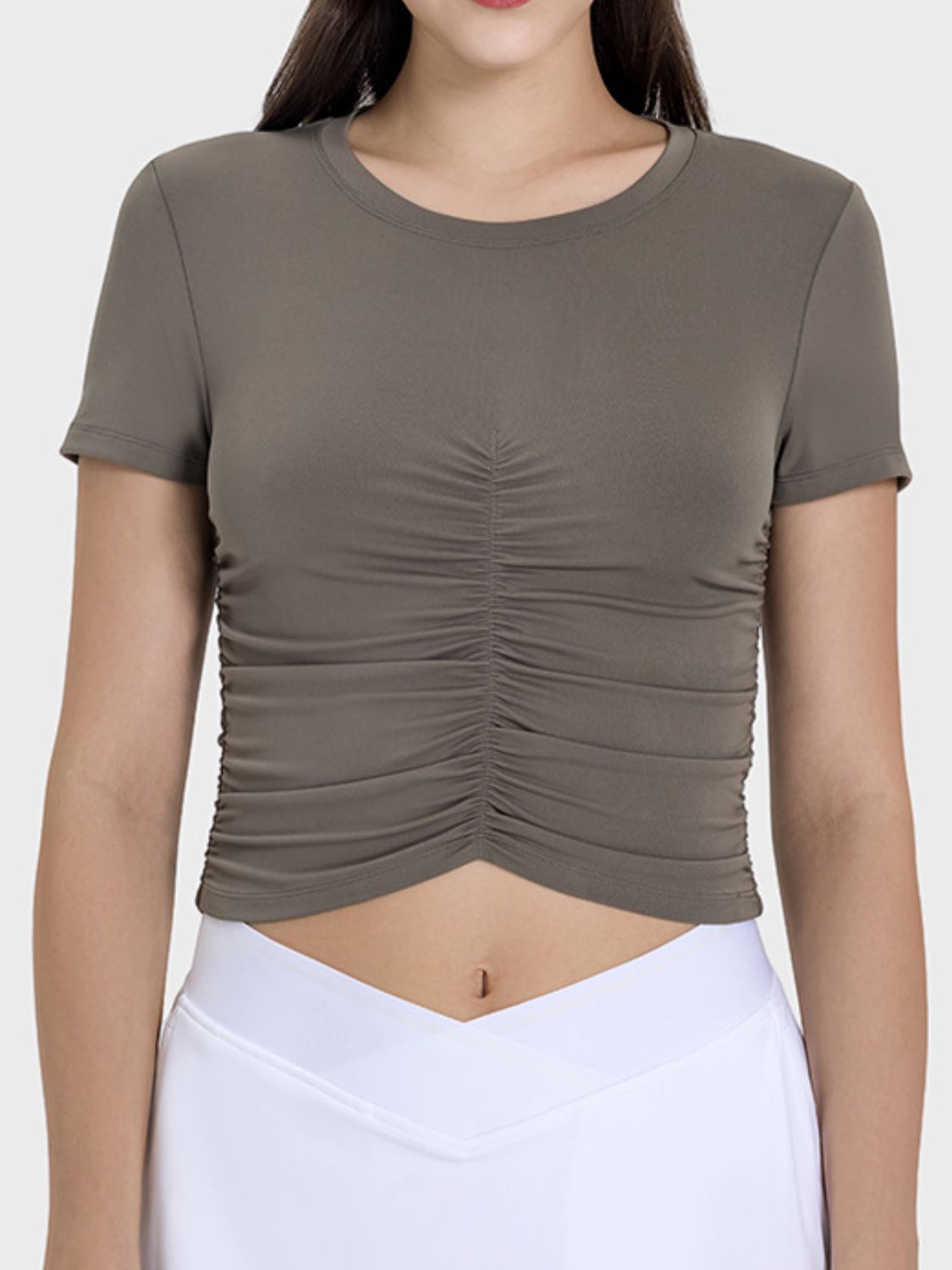 Millennia Ruched Round Neck Short Sleeve Active T-Shirt - The Daily Makeover