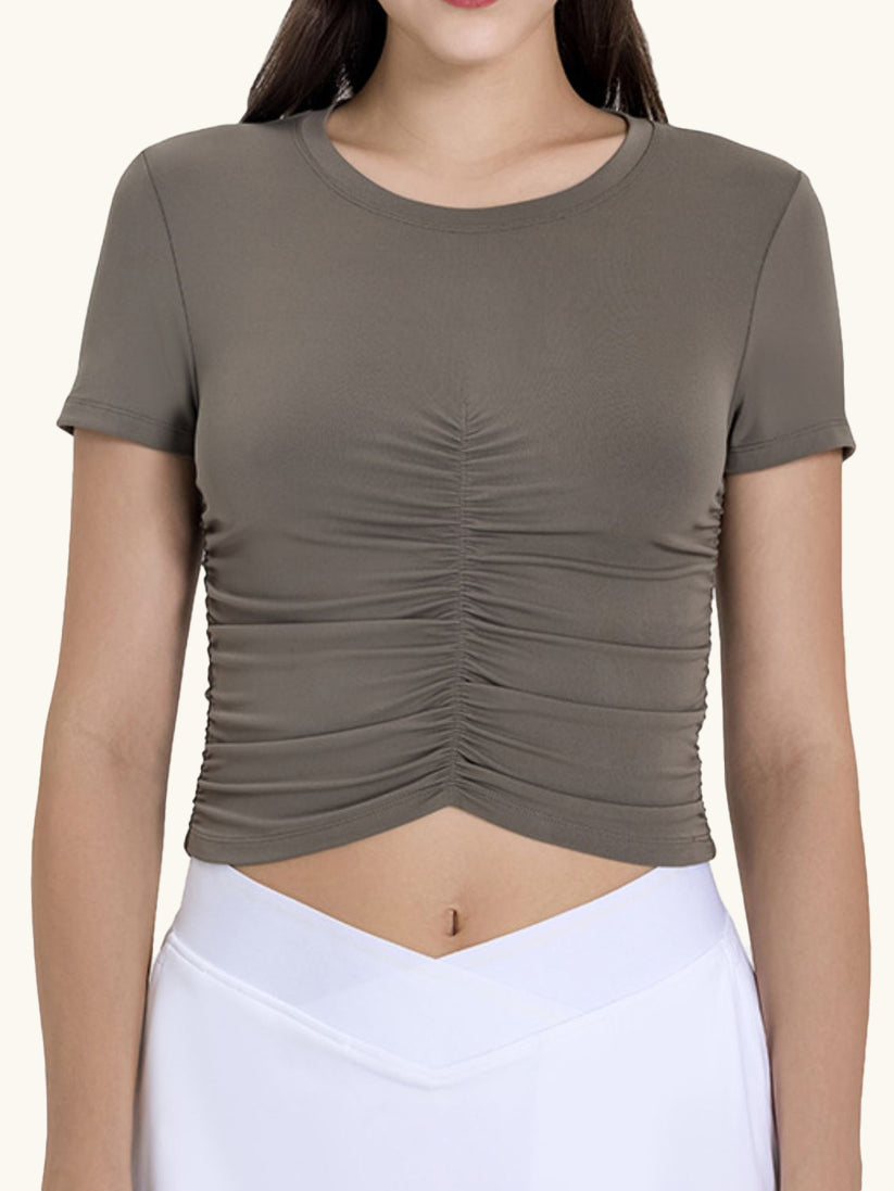 Millennia Ruched Round Neck Short Sleeve Active T-Shirt - The Daily Makeover