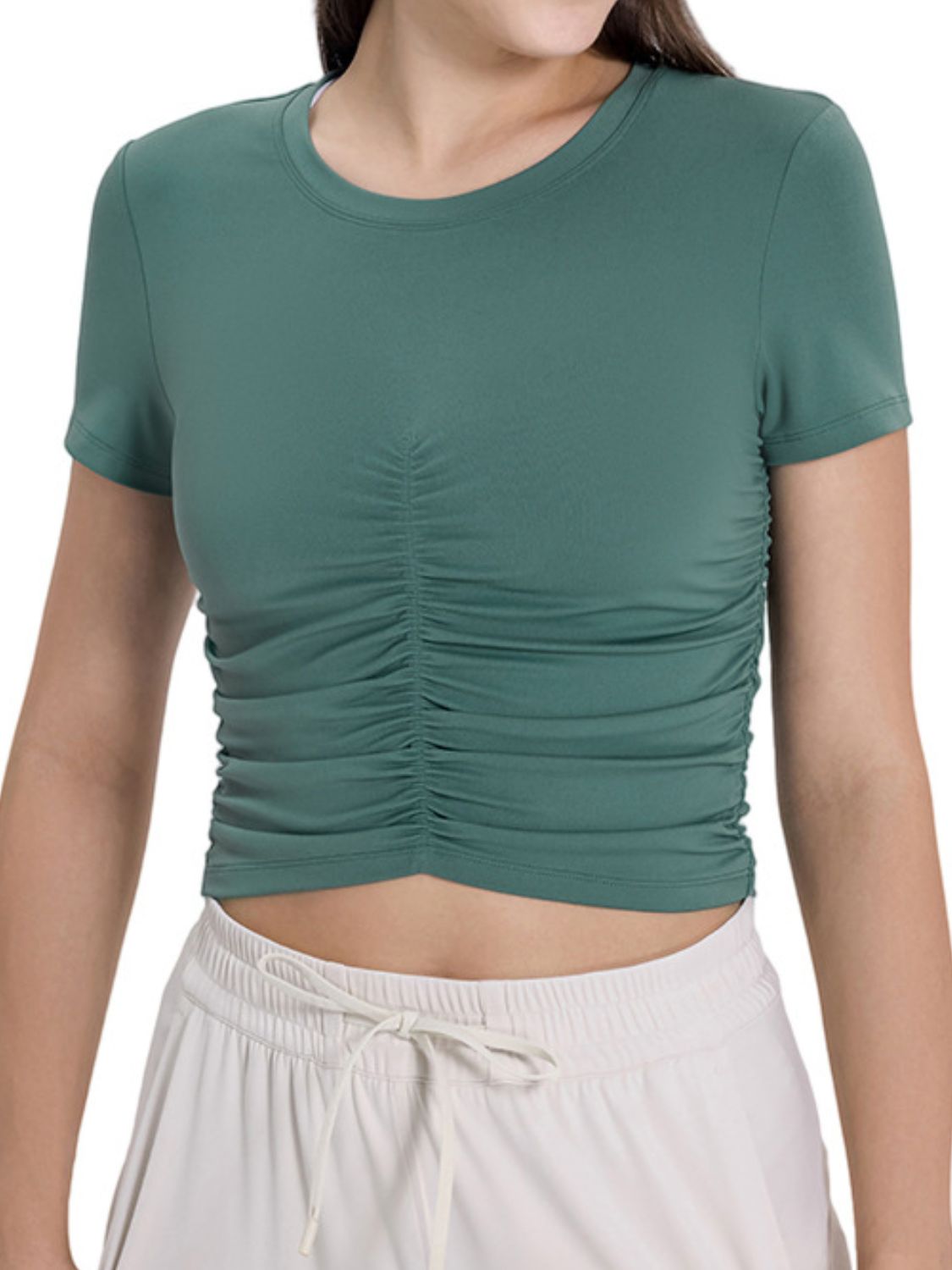 Millennia Ruched Round Neck Short Sleeve Active T-Shirt - The Daily Makeover