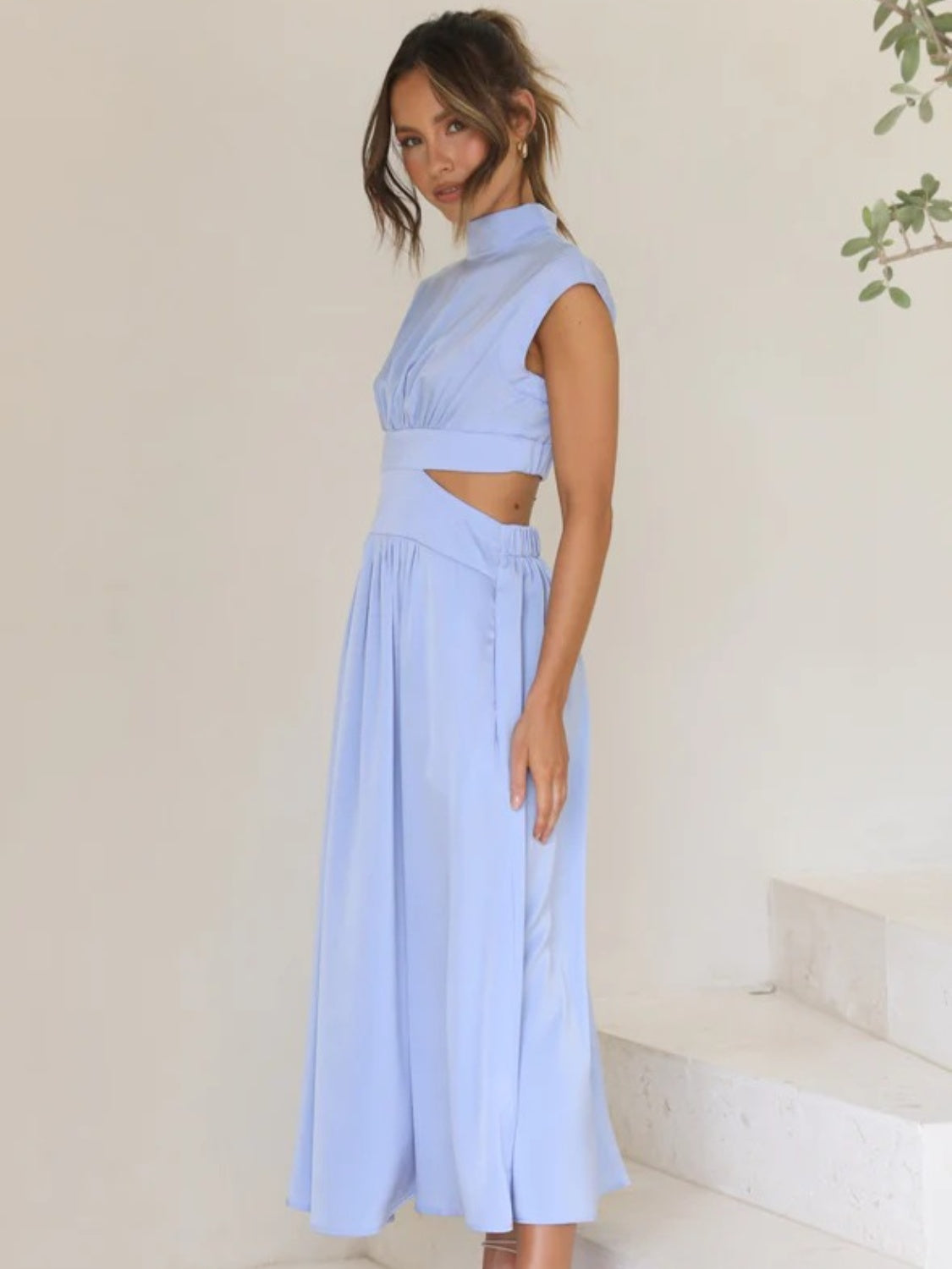 Cutout Mock Neck Sleeveless Ruched Dress - The Daily Makeover