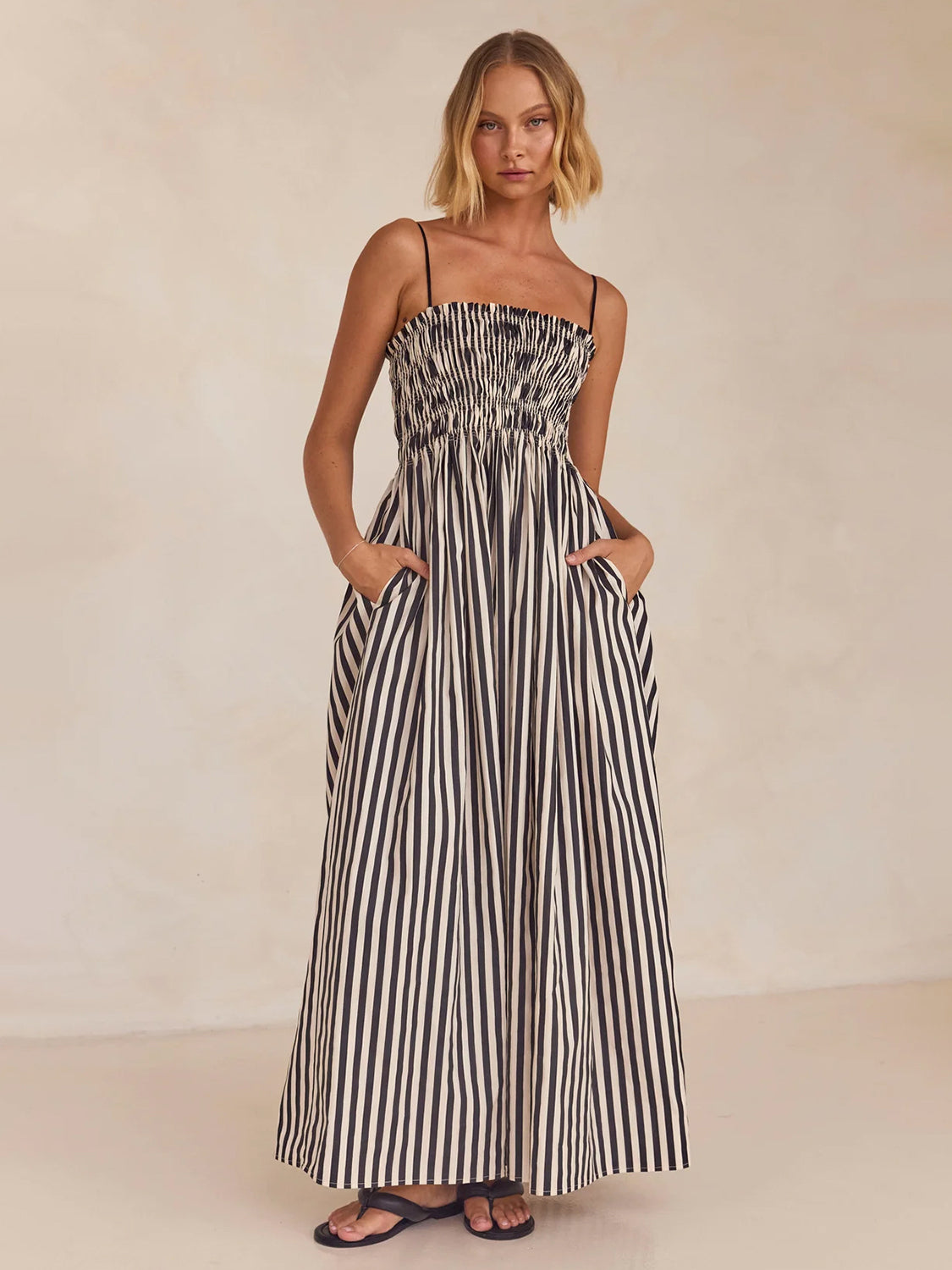 Smocked Striped Square Neck Cami Dress - The Daily Makeover