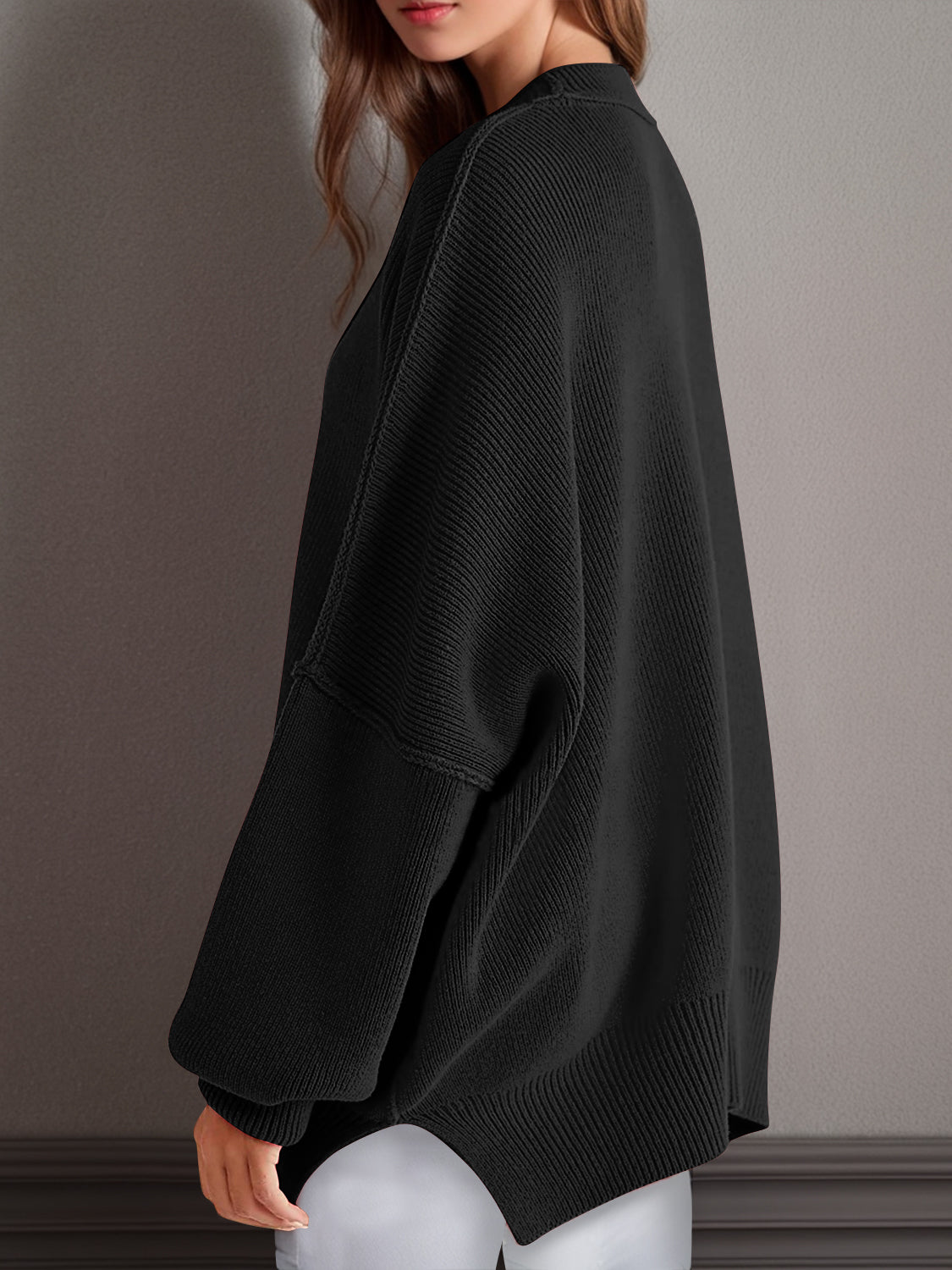 Double Take Side Slit Round Neck Long Sleeve Sweater - The Daily Makeover