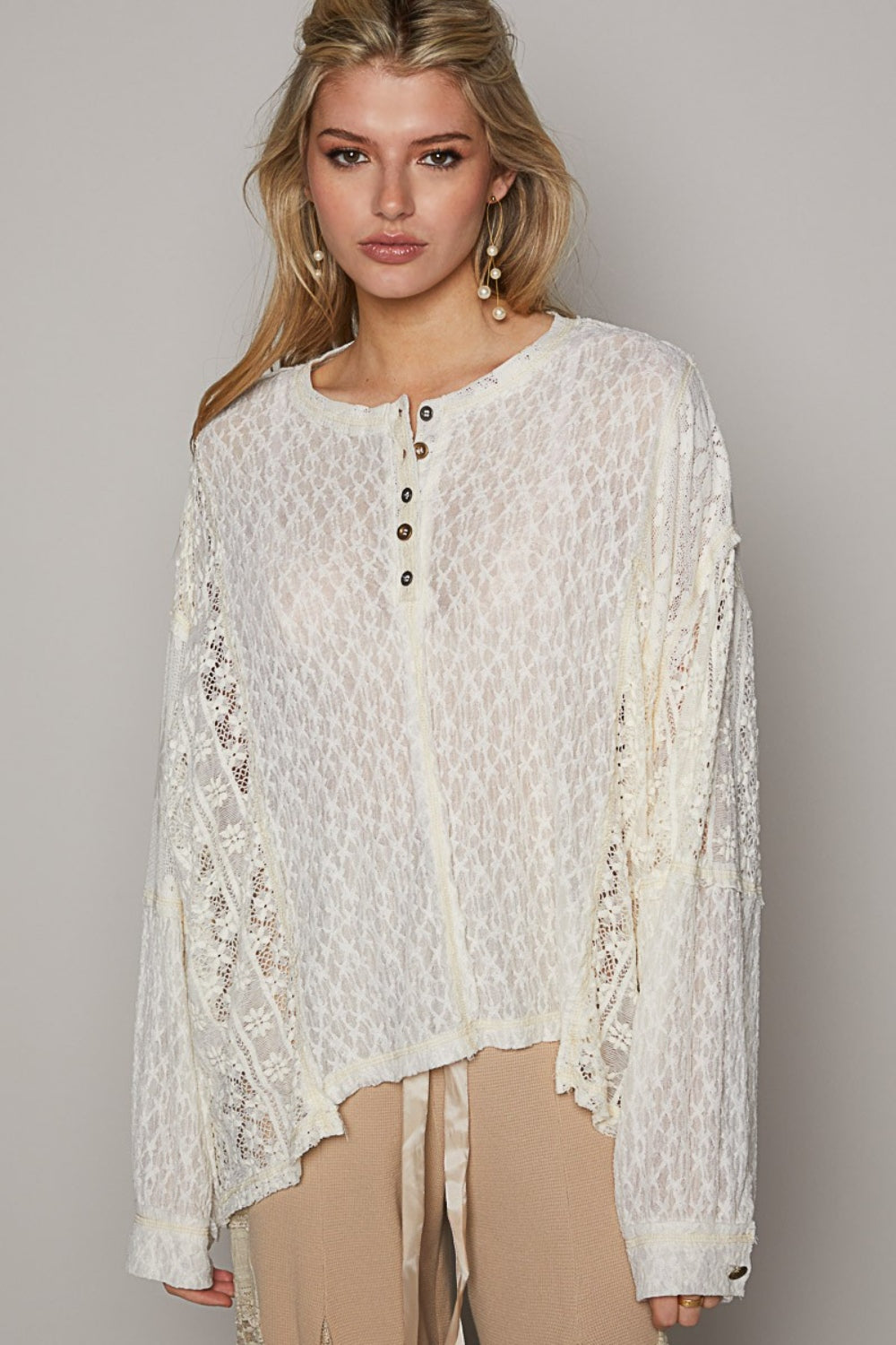 POL Round Neck Long Sleeve Raw Edge Lace Top - The Daily Makeover
