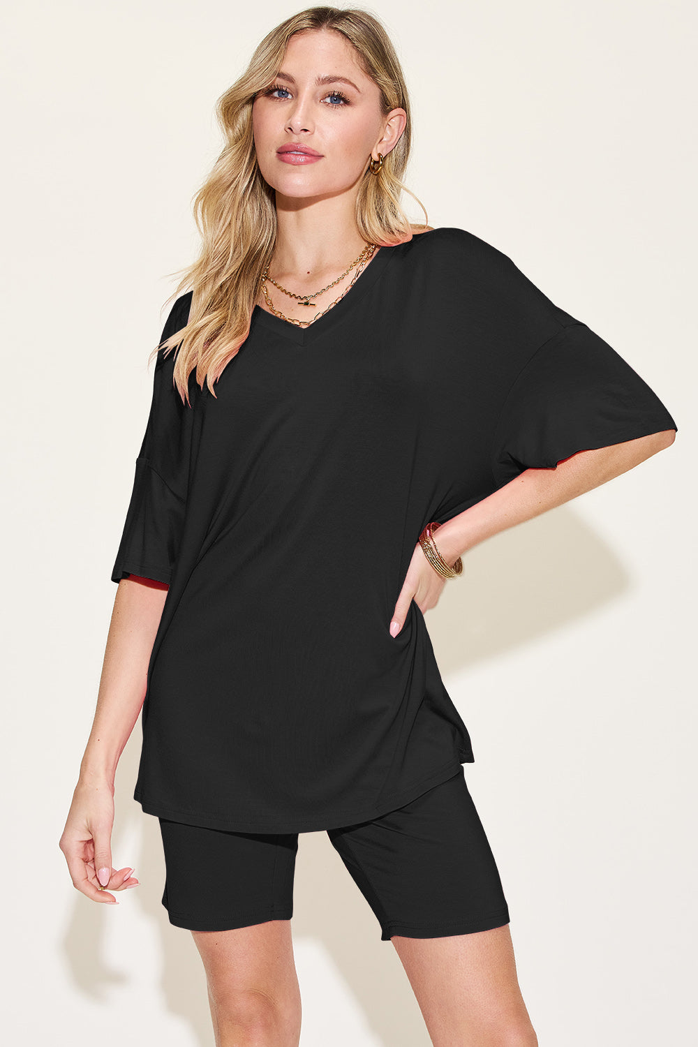 Bamboo Full Size V-Neck Drop Shoulder T-Shirt and Shorts Set - The Daily Makeover