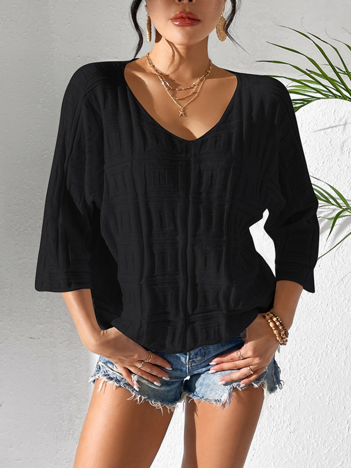 V-Neck Three-Quarter Sleeve Knit Top - The Daily Makeover