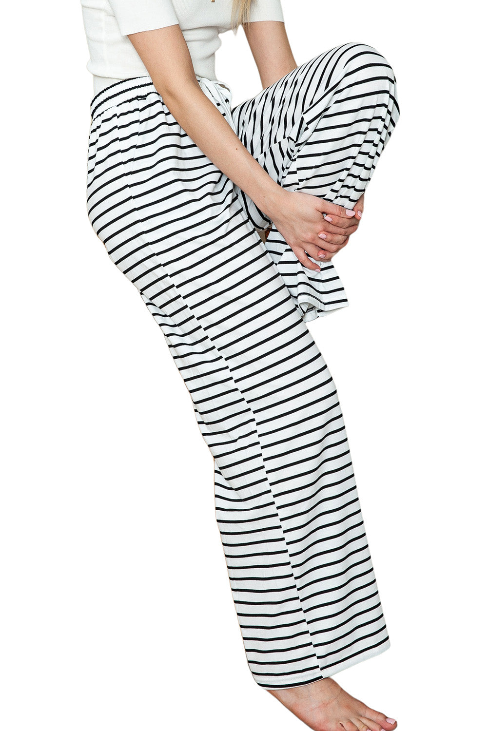 White Striped Casual Drawstring Wide Leg Pants with Pockets - The Daily Makeover