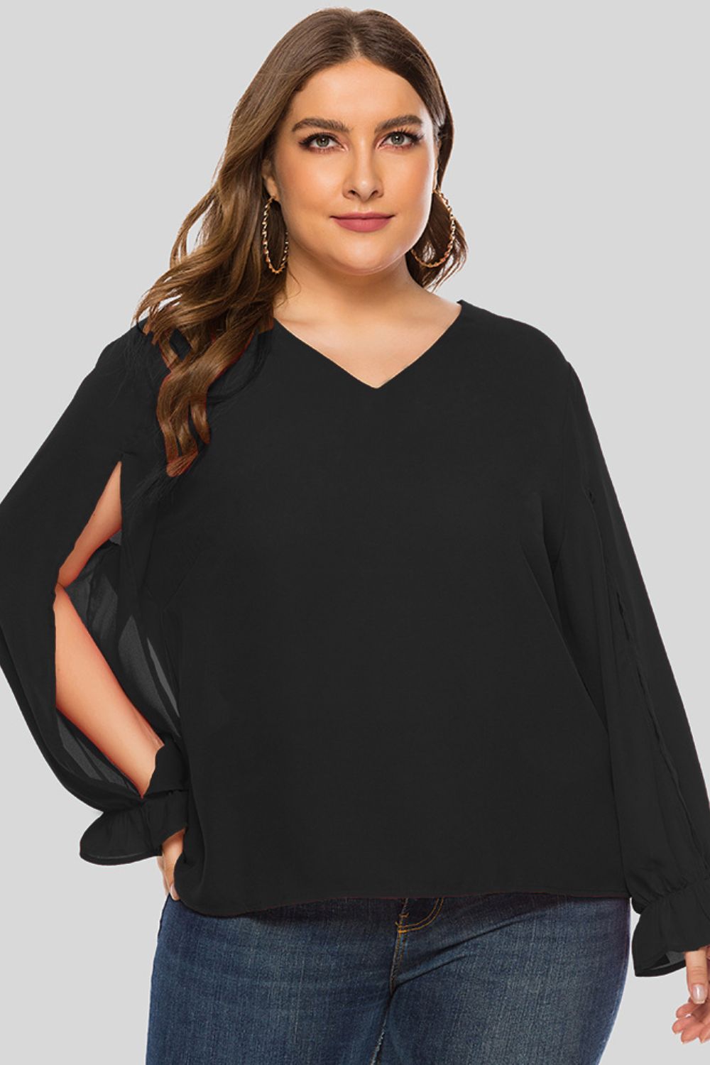 Plus Size Cutout Flounce Sleeve Blouse - The Daily Makeover