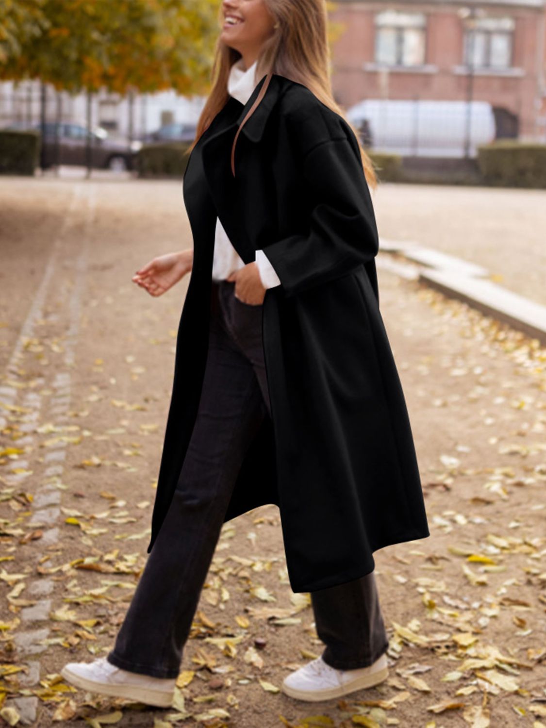 Pocketed Collared Neck Long Sleeve Coat - The Daily Makeover