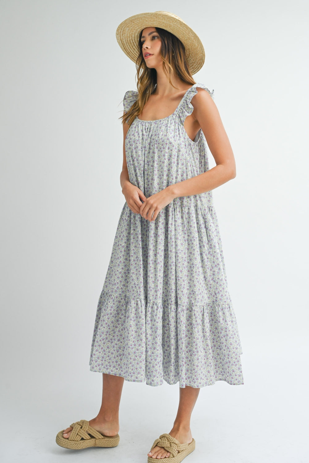 MABLE Floral Ruffle Shoulder Tiered Midi Dress - The Daily Makeover