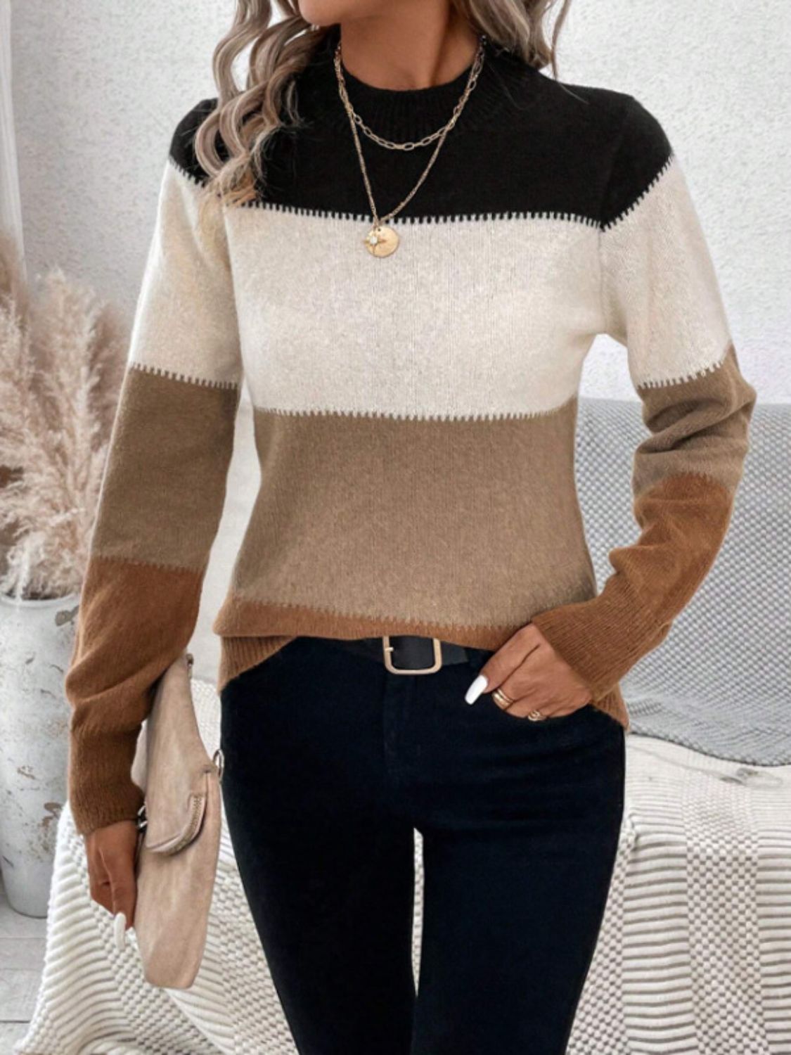 Color Block Mock Neck Long Sleeve Sweater - The Daily Makeover