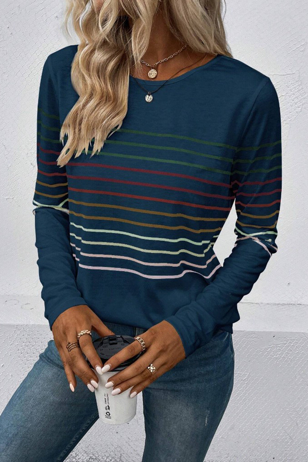 Striped Round Neck Long Sleeve T-Shirt - The Daily Makeover