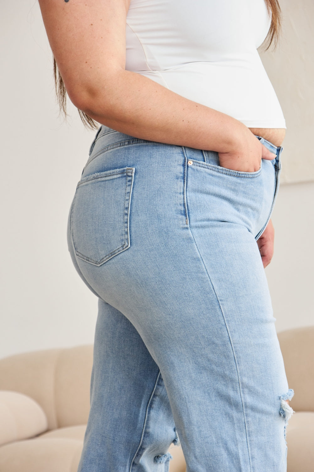 RFM Full Size Tummy Control High Waist Raw Hem Distressed Jeans - The Daily Makeover