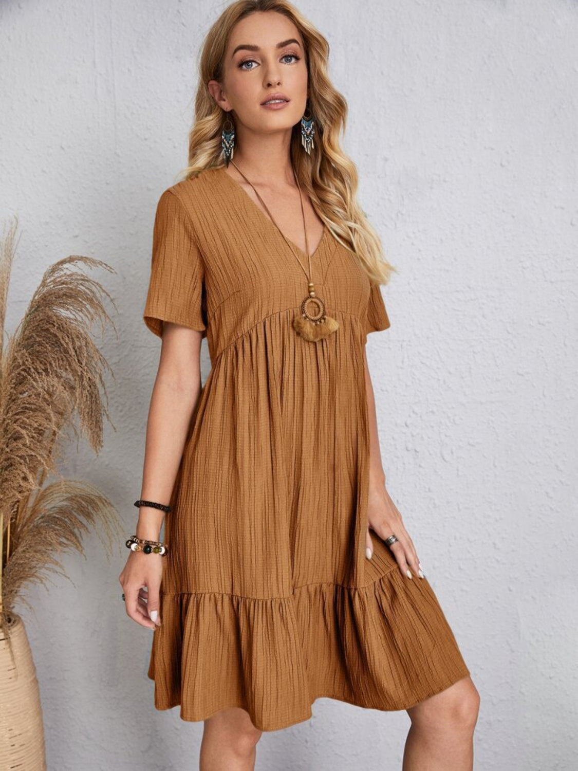 Full Size V-Neck Short Sleeve Dress - The Daily Makeover