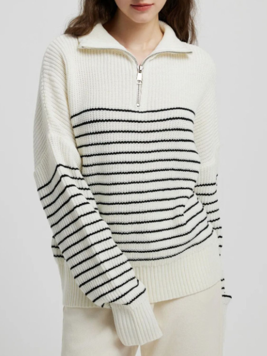 Striped Half Zip Long Sleeve Sweater - The Daily Makeover