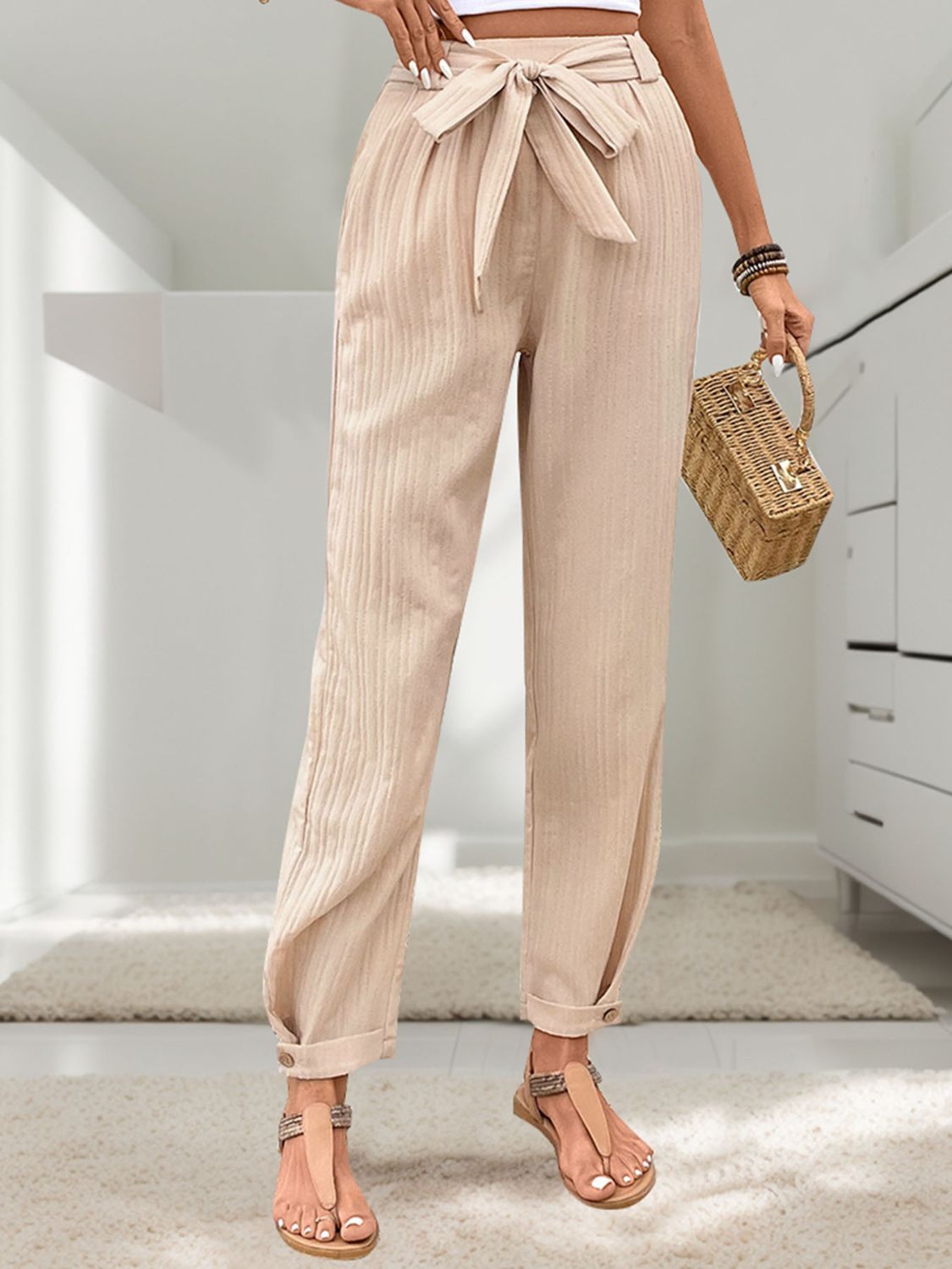 Perfee Tied High Waist Pants - The Daily Makeover