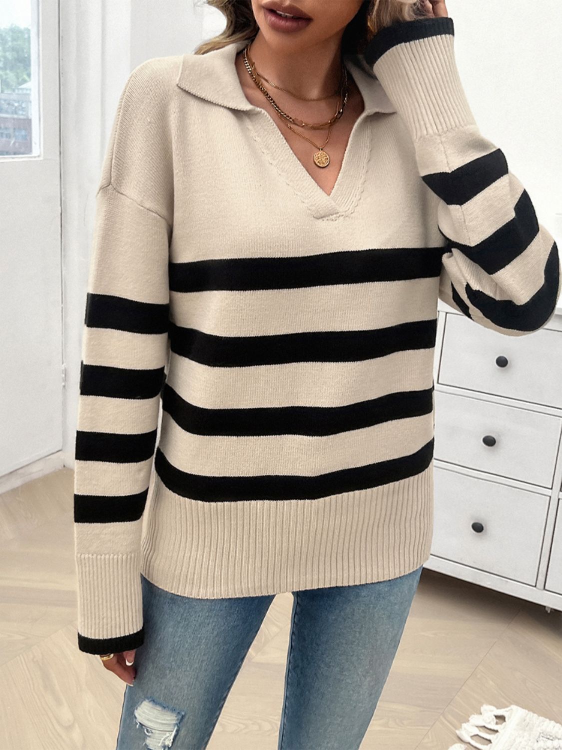 Striped Collared Neck Long Sleeve Sweater - The Daily Makeover