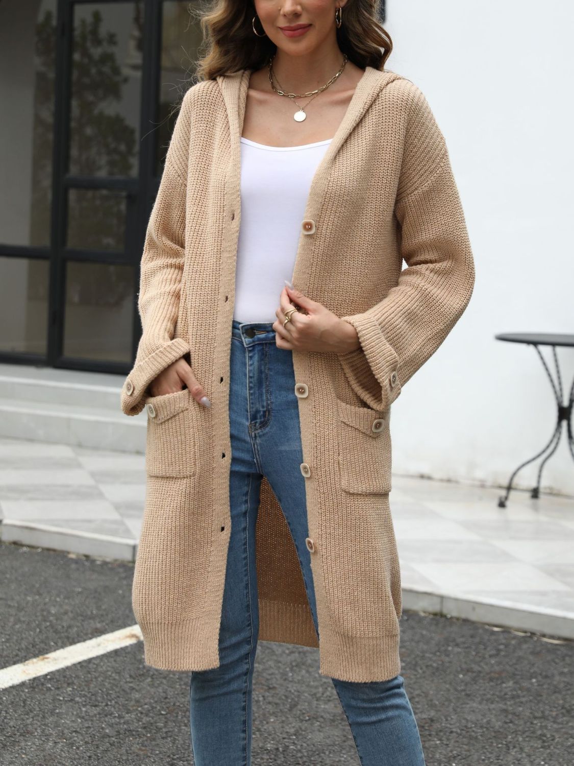 Pocketed Button Up Long Sleeve Hooded Cardigan - The Daily Makeover