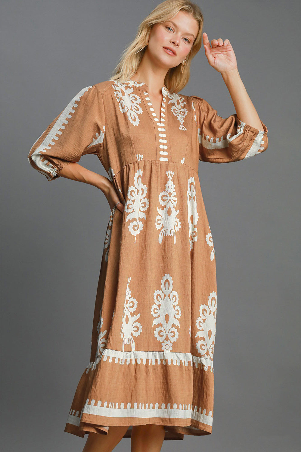 Umgee Full Size Printed Notched Midi Dress - The Daily Makeover