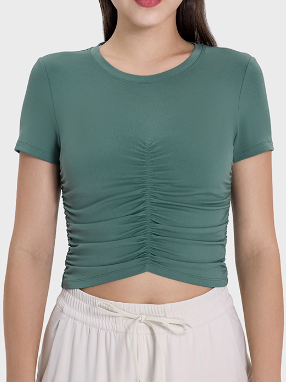 Millennia Ruched Round Neck Short Sleeve Active T-Shirt - The Daily Makeover
