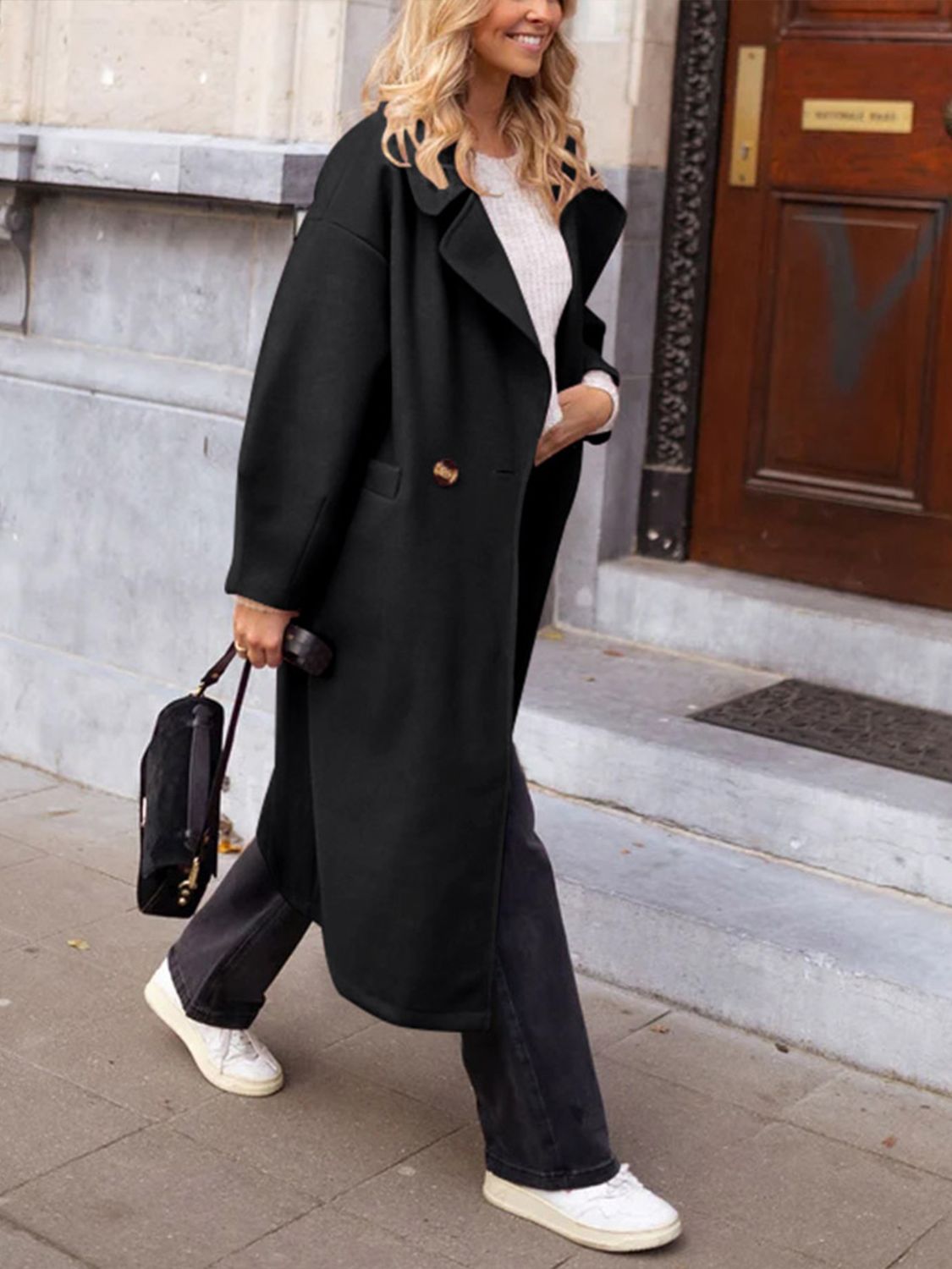 Pocketed Collared Neck Long Sleeve Coat - The Daily Makeover