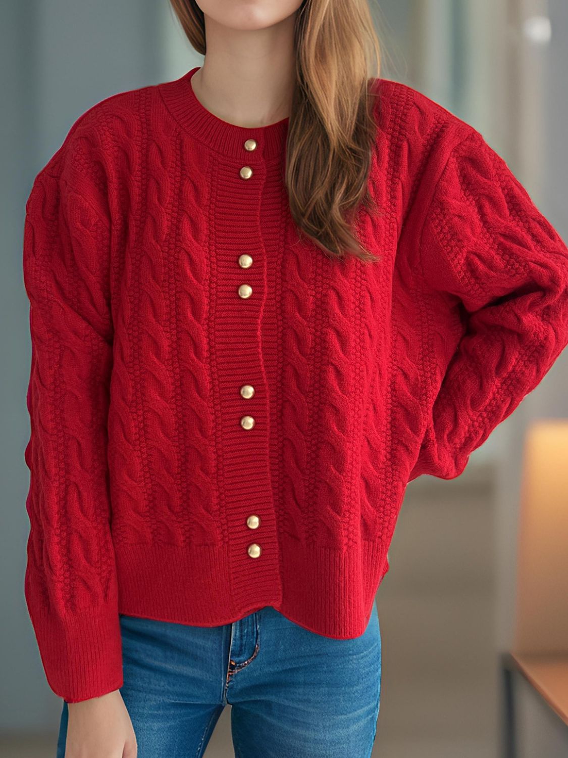 Cable-Knit Round Neck Long Sleeve Cardigan - The Daily Makeover