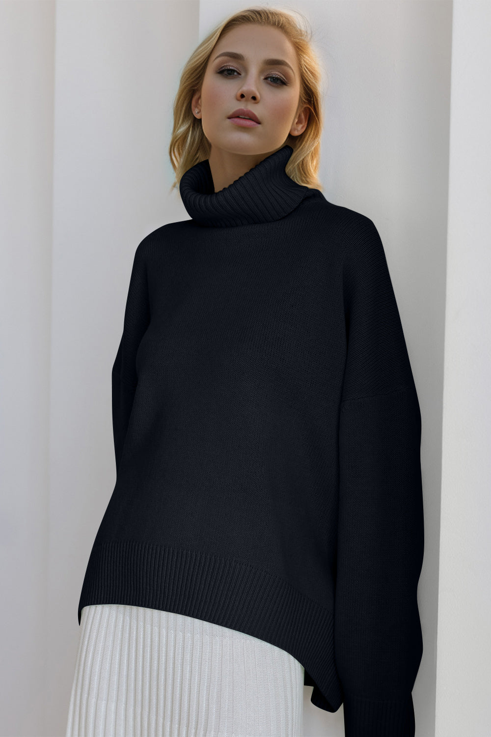 Turtleneck Dropped Shoulder Long Sleeve Sweater - The Daily Makeover