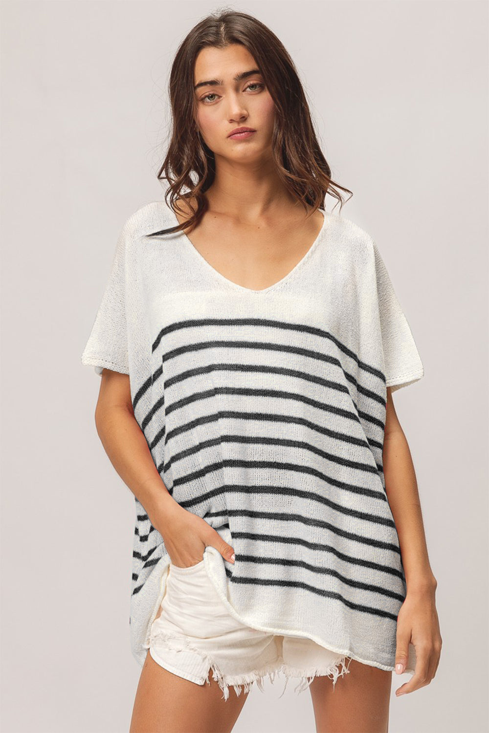 BiBi V Neck Striped Short Sleeve Top - The Daily Makeover
