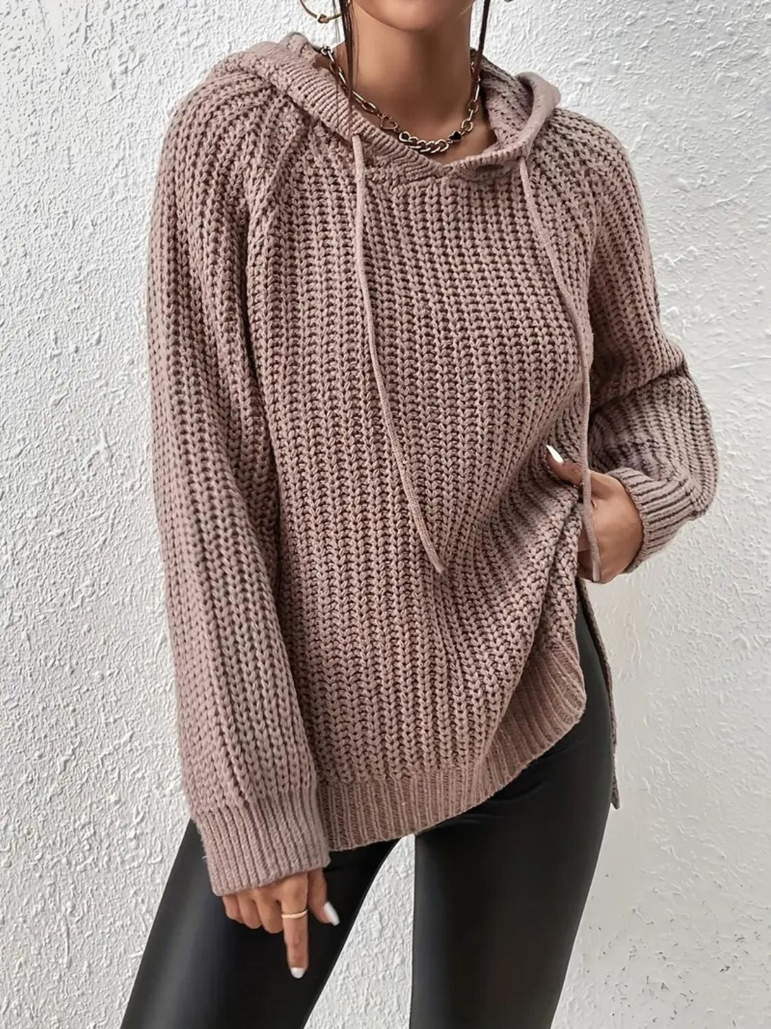 High-Low Side Slit Drawstring Long Sleeve Hooded Sweater - The Daily Makeover