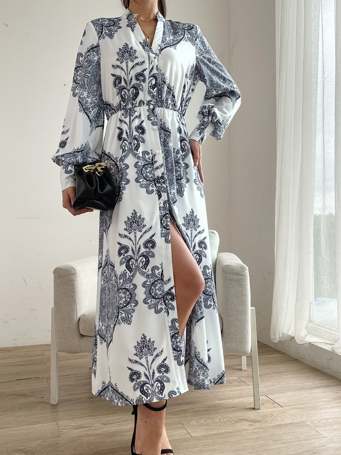 Printed Notched Lantern Sleeve Midi Dress - The Daily Makeover