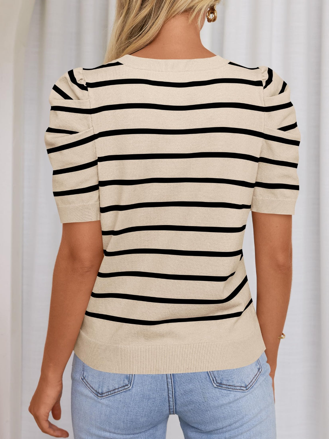 Striped Round Neck Puff Sleeve Knit Top - The Daily Makeover