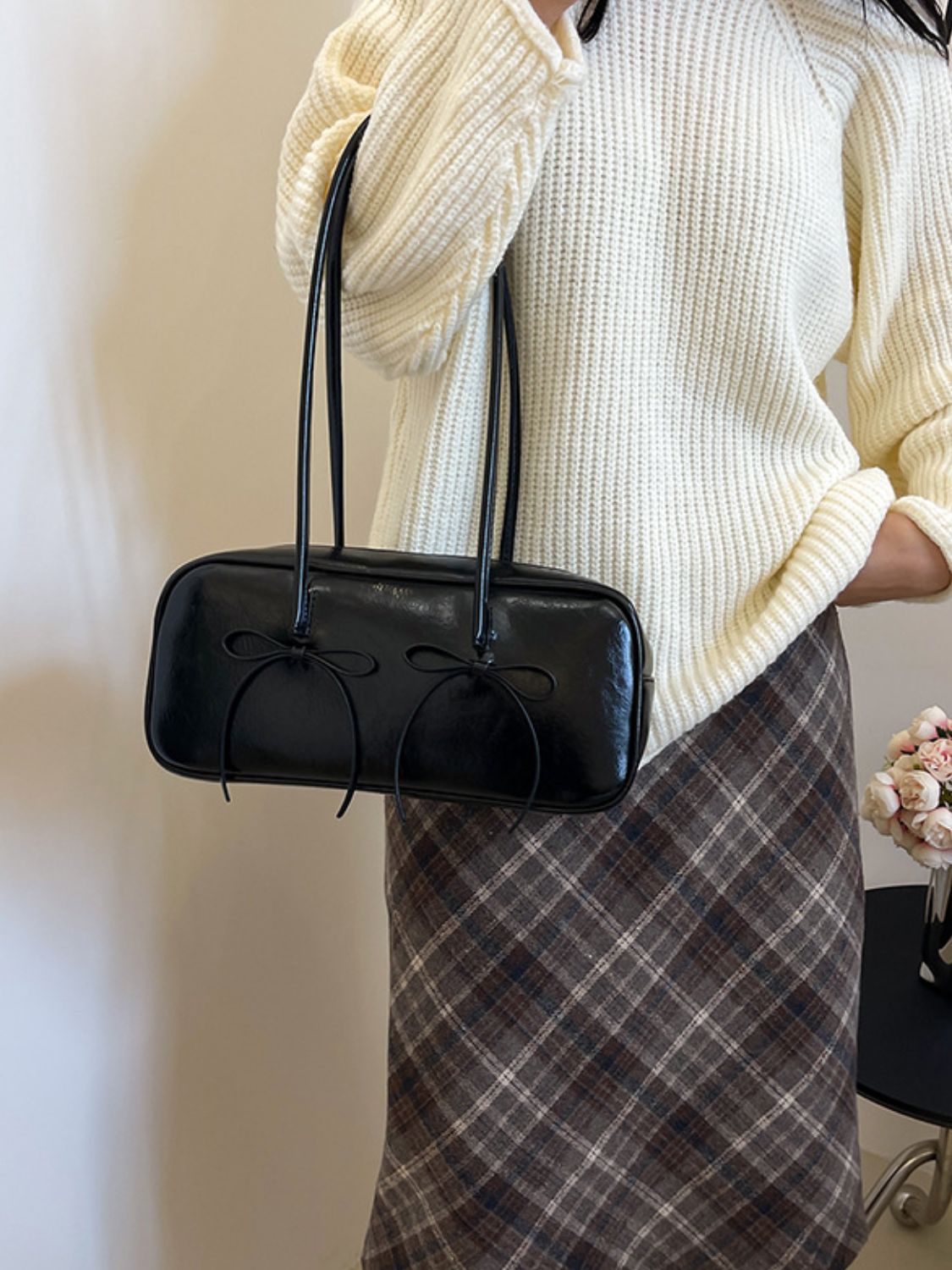 PU Leather Bow Trim Shoulder Bag - The Daily Makeover