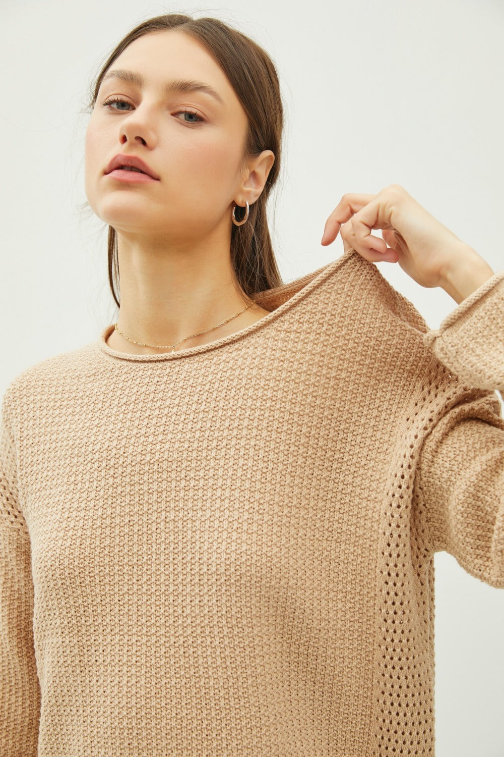 Be Cool Rolled Openwork Round Neck Sweater - The Daily Makeover
