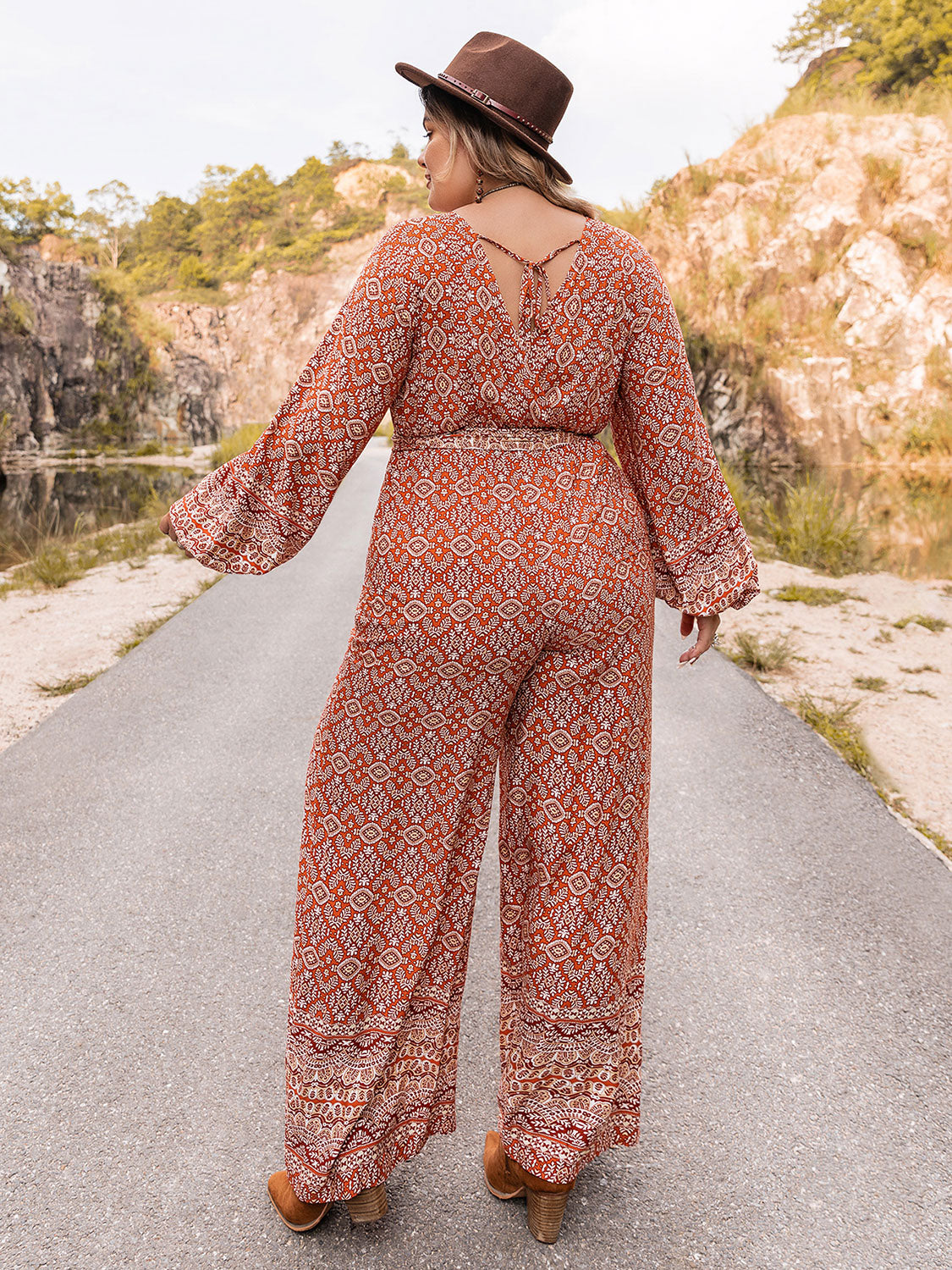Plus Size Printed V-Neck Tie Front Balloon Sleeve Jumpsuit - The Daily Makeover